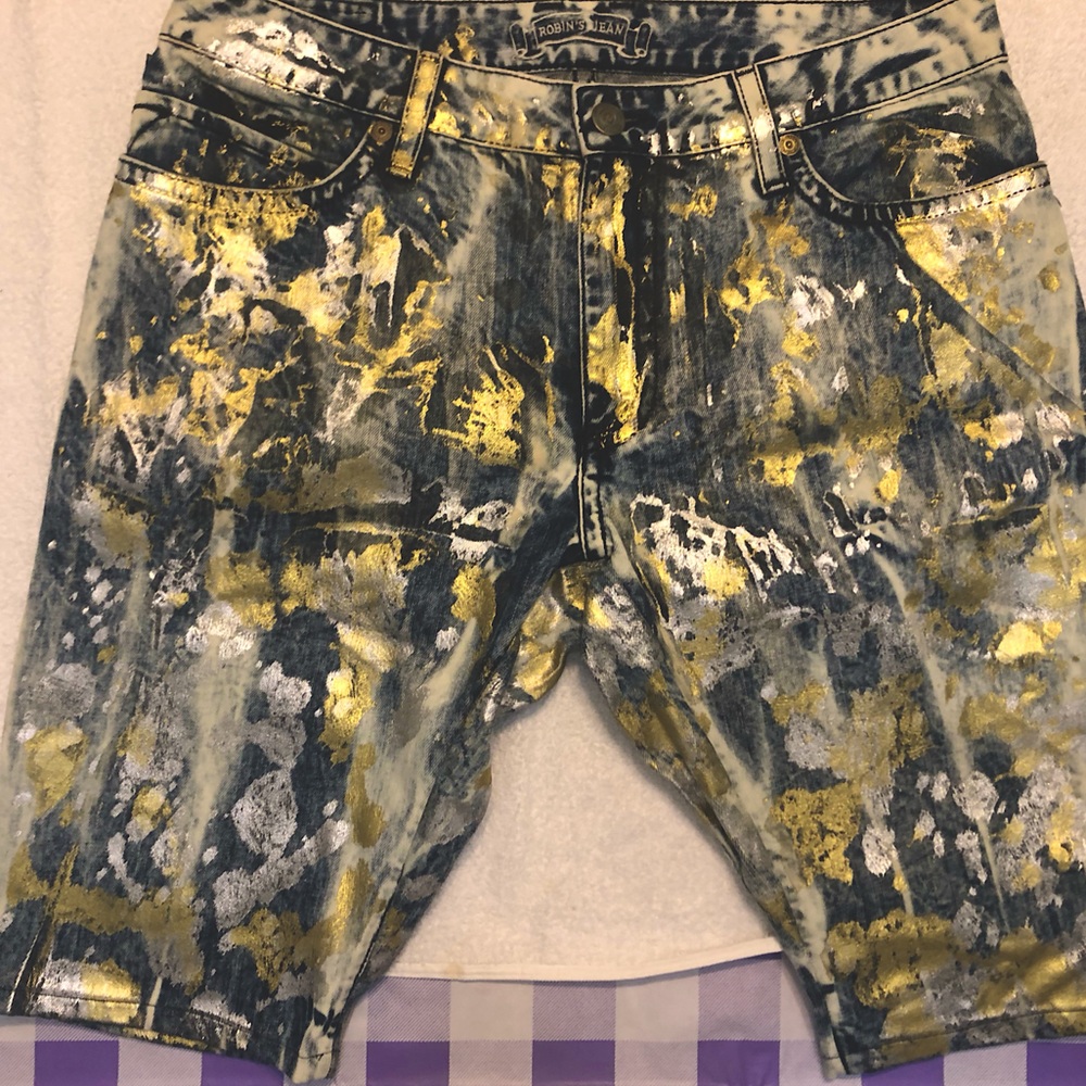 Rare Design Gold and Silver Paint Splattered Robin’s Jeans Shorts